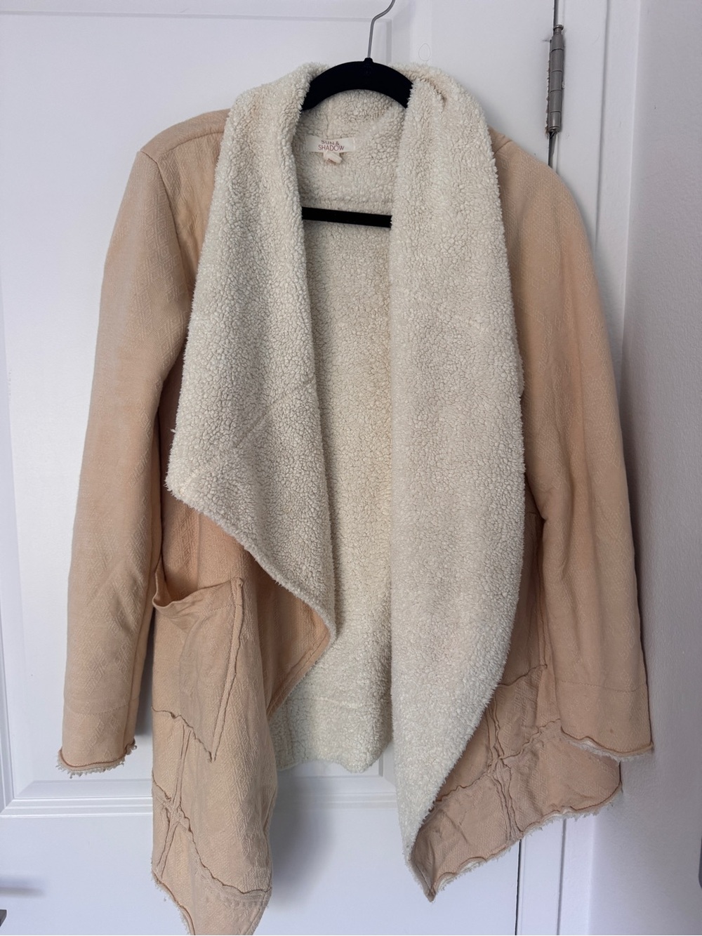 Vintage Looking Sherpa-Lined Open Front Women's Coatigan - Cream/Tan